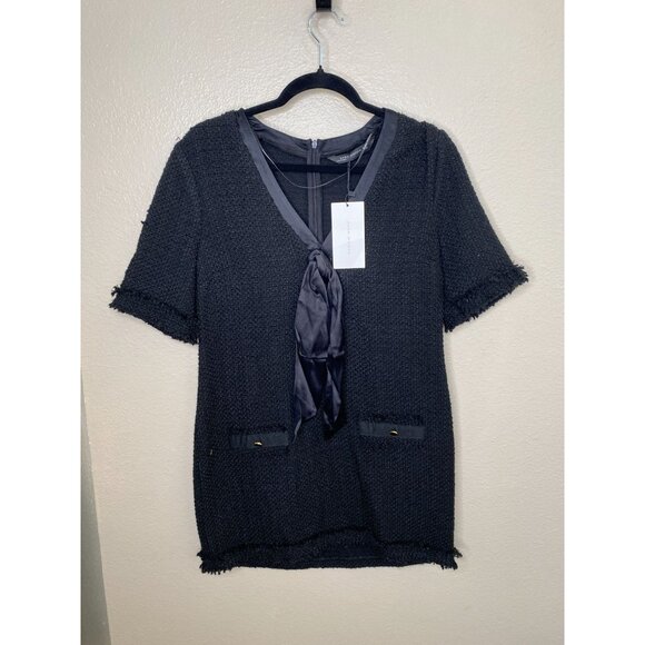Zara Woman Black Bow-Accent Textured Short Sleeve Dress Size S Acrylic - Picture 2 of 8